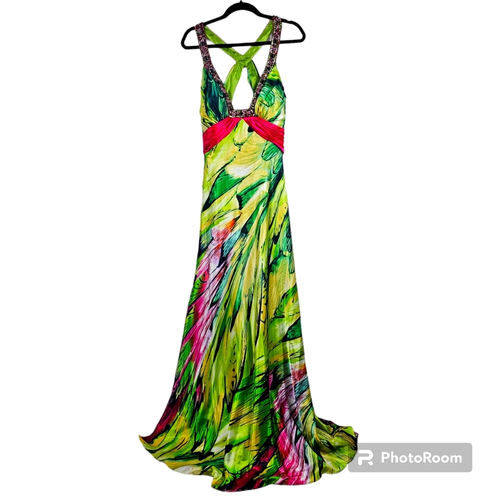 May Queen Couture Beaded Satin Y2K Maxi Dress Green Pink Sequins Womens 14